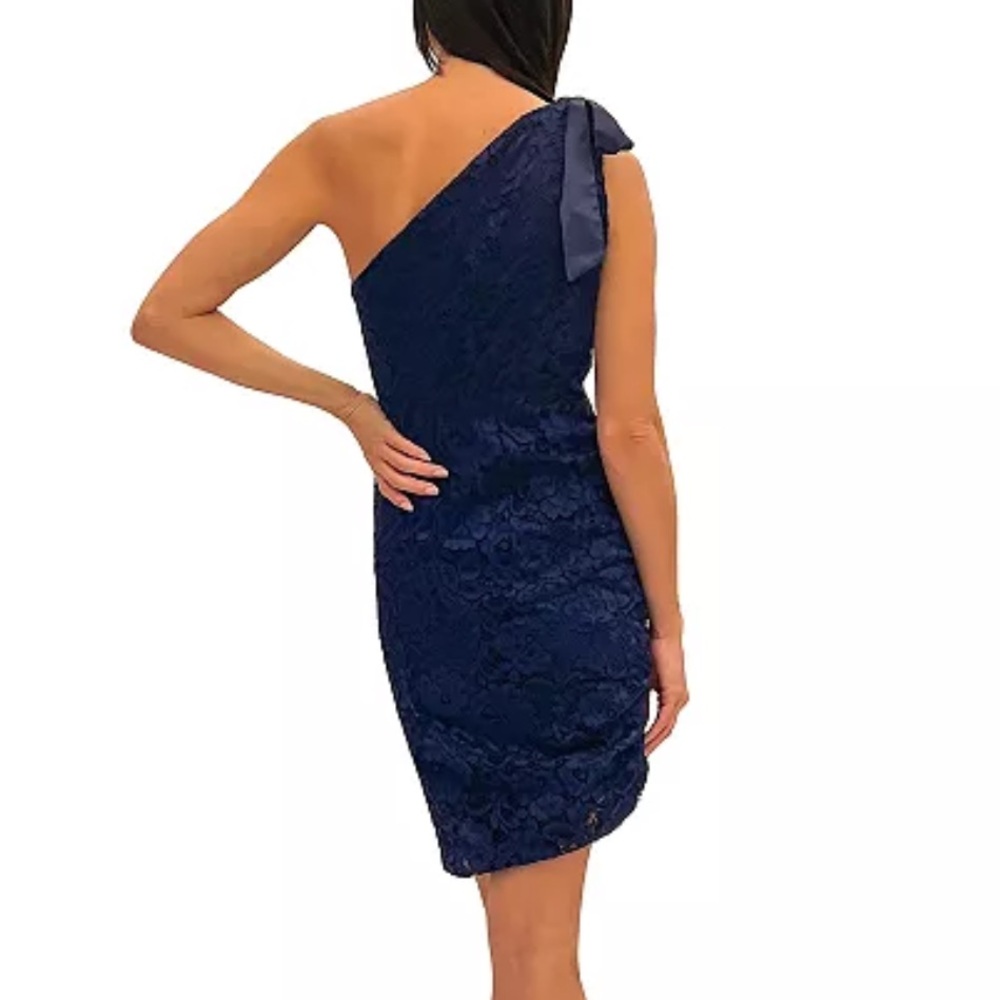 NWOT Sam Edelman Navy Blue One-Shoulder Lace Sheath Dress Size 2 - Picture 2 of 9
